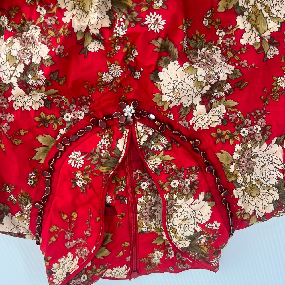 Tang Chao Red Floral Qipao Cheongsam Dress Cotton Mandarin Collar Size M - Picture 10 of 10